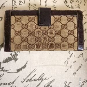 GUCCI Crystal Long Wallet Double GG 231839 Beige Brown PVC Leather GUC